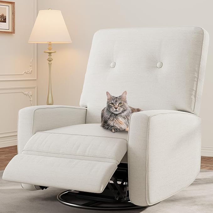 GarveeHome Oversized Recliner Chairs, Swivel Rocker Recliner, Glider Recliner Nursery Chair, Recliner Chair for Adults, 360°Swivel Glider Rocking Chair for Living Room, Bedroom, Office, Linen, White