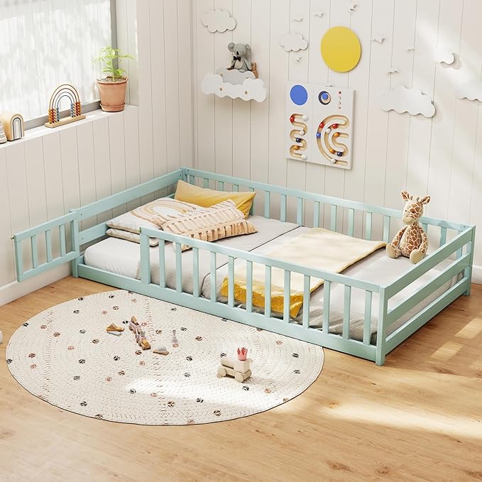 KOMFOTT Twin Size Wood Floor Bed with Door & Fence, Montessori Bed Frame with Full Length Safety Guardrails, Door & Latch, Wooden Montessori Floor Bed for Kids, Girls, Boys (Twin,Light Green)