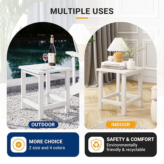 UDPATIO Small Side Table, 16x16x17.8 in, White, Adirondack Table, Indoor & Outdoor Use