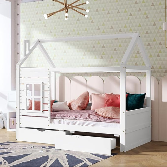 Aoowow Full Size Kids House Bed with 2 Drawers, Wooden Full Bed Frame with Window and Roof for Bedroom, Modern Full Size Kid Playhouse Daybed with Slats for Boys Girls, Can be Decorated, Full-White