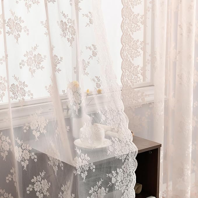 Kotile Blush Pink Sheer Curtains 84 Inches Long, 2 Panels, W42 x L84 Inch Each, Country Rusitc Floral Vintage Lace Curtains for Living Room Rod Pocket Light Filtering Privacy Sheer Window Lacy Curtain