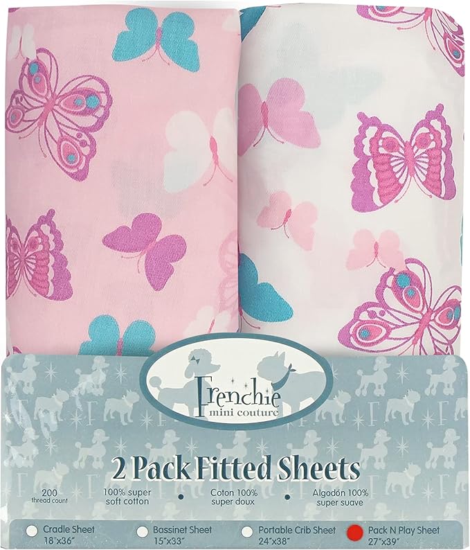 Frenchie Mini Couture, Fitted Pack n Play Sheets, 2 Pack, 100% Woven Cotton, Pack and Play Mattress Sheets, Fits Most Mini Crib & Playard, 27 x 39 x 4in, Butterfly