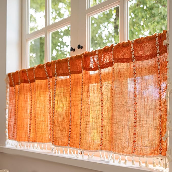 Deeprove Orange Boho Curtain Valance for Cafe Kitchen Closet Doorway Cottage Decor, Burnt Sheer Bohemian Farmhouse Cotton Linen Short Panel Tassel Vintage Chic Window Drape, W52 x L18, 1 Piece