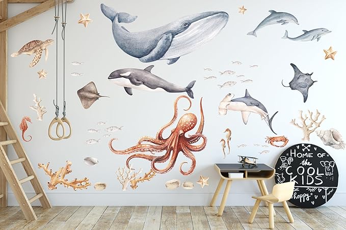 Ocean Wall Stickers & Shark Decals – Fish Stickers and Ocean Wall Stickers for Nursery Baby Kids Bedroom Bathroom, X-Large Set(80″ W × 80″ H) 50 Pcs