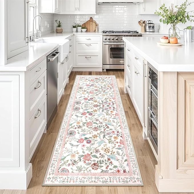 Floral Washable Runner Rug, 2x6 Pink Rug Runners for Hallways Non-Slip, Soft Low Pile Flower Birds Long Bathroom Mat Botanical Throw Carpet for Kitchen Laundry Entryway Porch