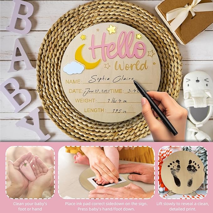 2Pcs Baby Announcement Sign Set, 5.9 Inch Hello World Newborn Sign and IT’S A Girl Welcome Signs, Baby Name Sign with Ink Pad for Hand & Footprints, 3D Wooden Birth Gifts for Hospital Shower Nursery