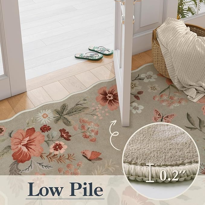 Lahome Floral Machine Washable Rug, 3x5 Rug Non Slip Soft Bedroom Rugs for Entryway Dorm, Ultra-Thin Boho Rugs for Living Room Stain Resistan Throw Carpet for Nursery Entrance,Brown