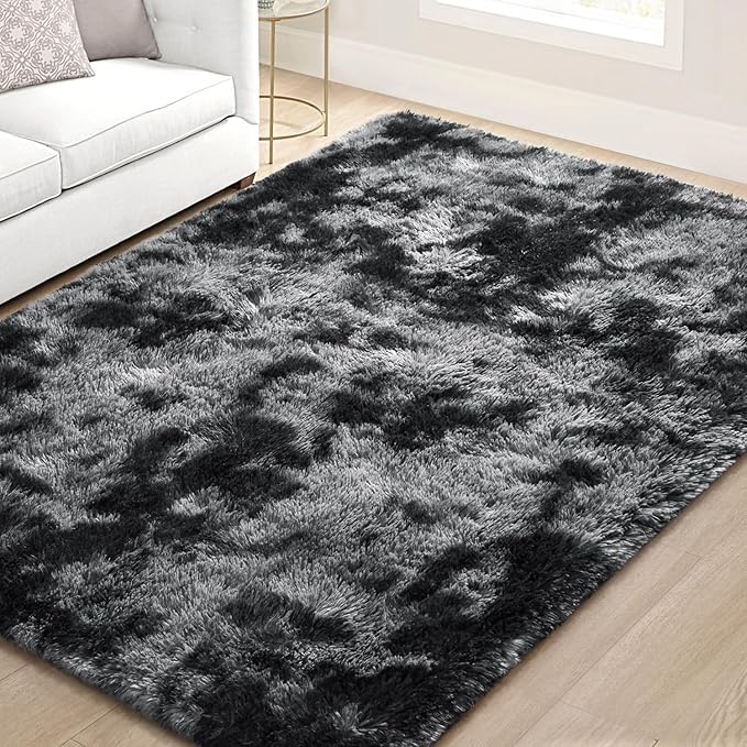 EVOIONOS Area Rug for Bedroom Living Room, Machine Washable 4x6 Fluffy Shag Rug, Soft Plush Non Slip Carpet for Indoor Floor Bedside Nursery Kids Room, Dorm, Home Decor Aesthetic, Tie-Dyed Dark Grey