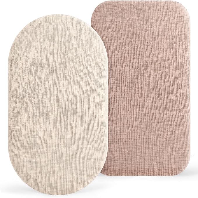 Bearmoss Bassinet Sheets - 2 Pack Muslin Cotton Bassinet Sheets Fits Oval and Rectangle Bassinet Mattress, Breathable and Skin-Friendly for Baby Boy and Girl (Cream&Sand)