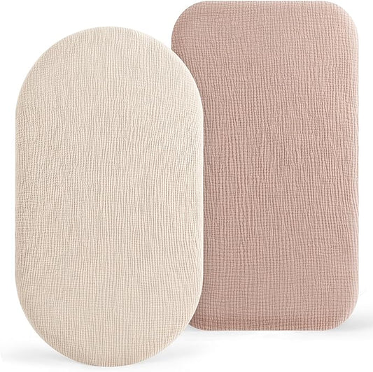 Bearmoss Bassinet Sheets - 2 Pack Muslin Cotton Bassinet Sheets Fits Oval and Rectangle Bassinet Mattress, Breathable and Skin-Friendly for Baby Boy and Girl (Cream&Sand)