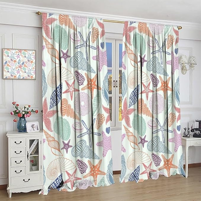Coastal Nautical Curtains,Colorful Starfish Seashell Beach Sea Starfish Seashell Theme Pattern Blackout Print Home Bedroom Living Room Window Treatmen 2 Panel Set 42x45 Inch