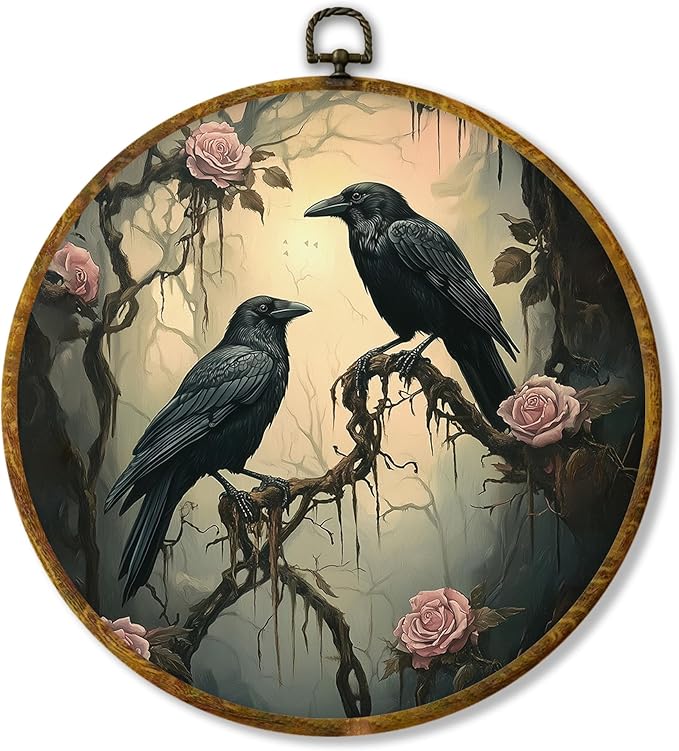 Hiuwevt Gothic Mystical Floral Two Ravens Round Wall Art Decor, Spooky Forest Black Crow Hanging Canvas Prints Artwork Framed, Dark Academia Goth Circular Wall Decor for Home Room, 10x10 Inch