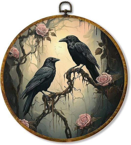Hiuwevt Gothic Mystical Floral Two Ravens Round Wall Art Decor, Spooky Forest Black Crow Hanging Canvas Prints Artwork Framed, Dark Academia Goth Circular Wall Decor for Home Room, 10x10 Inch
