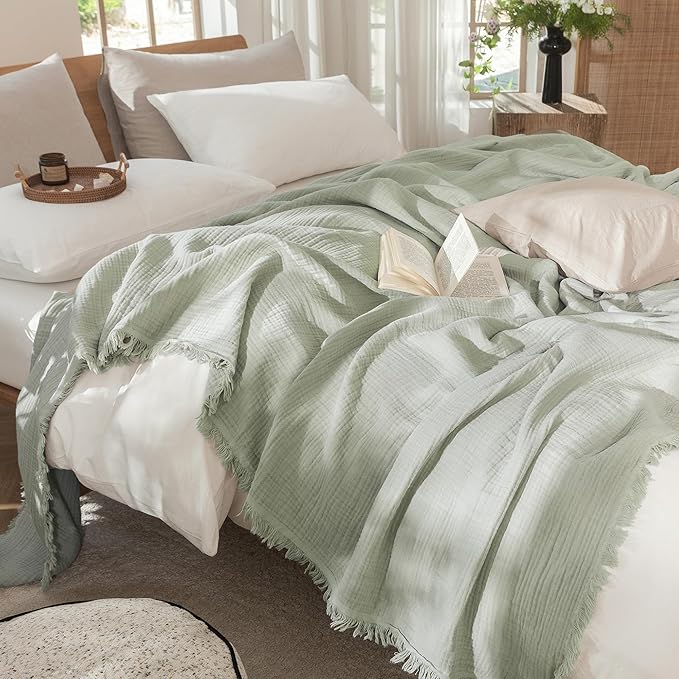 MooMee Muslin Blanket - 100% Cotton 4-Layer Gauze Throw Blanket with Tassels Ultra-Soft Breathable Lightweight Cooling for Bed Couch (Sage Green,Super King 108" x 98")