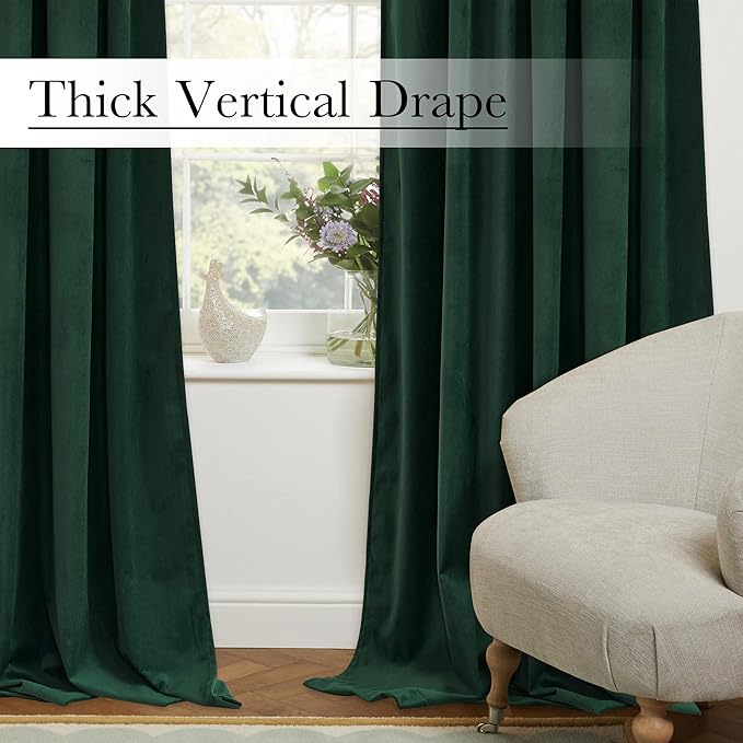 StangH Dark Green Curtains Velvet for Bedroom, Christmas Home Decoration Back Tab Rod Pocket Thermal Blackout Drapes for Villa Hall Sliding Door, Privacy Room Dividers, W52 x L108, 2 Panels