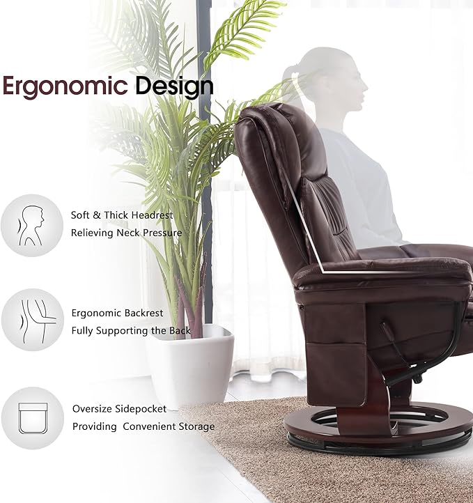 MCombo Swivel Recliner with Ottoman, Faux Leather TV Chair with Vibration Massage, Ideal for Small Space, Living Room & Bedroom 4734 (Dark Brown)