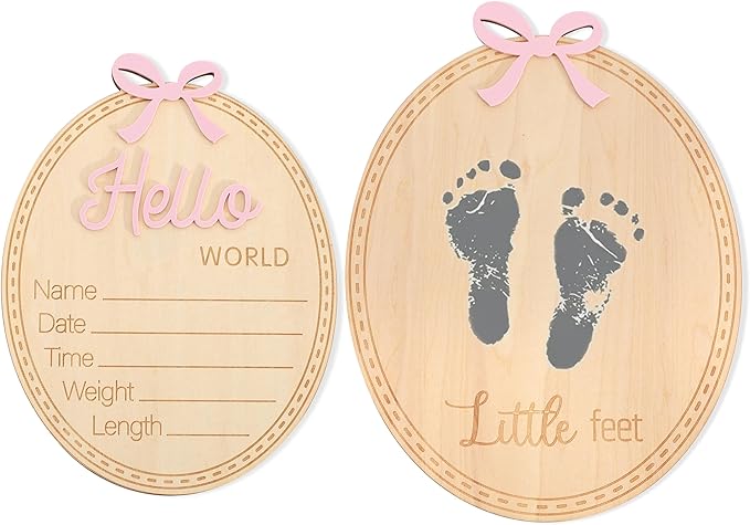 2pcs Wooden Bow Hello World/Footprint Sign - Bow Baby Girl Announcement Sign,Hello World Baby Girl Hospital Sign with Bow (Bow-2)