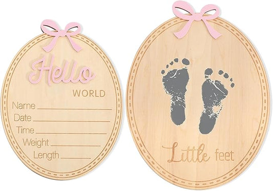 2pcs Wooden Bow Hello World/Footprint Sign - Bow Baby Girl Announcement Sign,Hello World Baby Girl Hospital Sign with Bow (Bow-2)