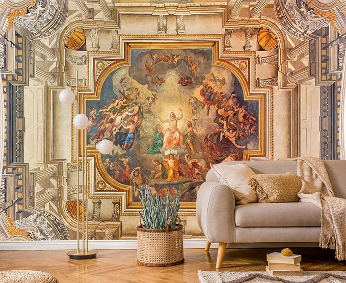 Gold Rome Church Ceiling Wallpaper Mural Renaissance Art Wall Mural Baroque Art Wall Decoration for Bedroom Living Room (Not Self-Adhesive)