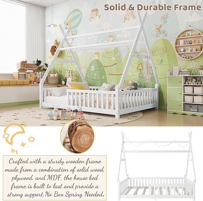 Montessori Bed Full Size with Light and Slats, Wood Teepee Floor Bed for Kids Boys Girls,House Bed Frame with Rails & Roof,No Box Spring Needed, White