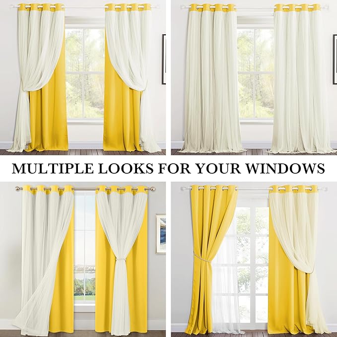 PONY DANCE Curtains 84 Inch Length - Double Layered Curtain Mix and Match Room Darkening Curtains with White Sheer Overlay Elegance Window Drapes for Kids Room with Tiebacks (One Pair, Lemon Yellow)
