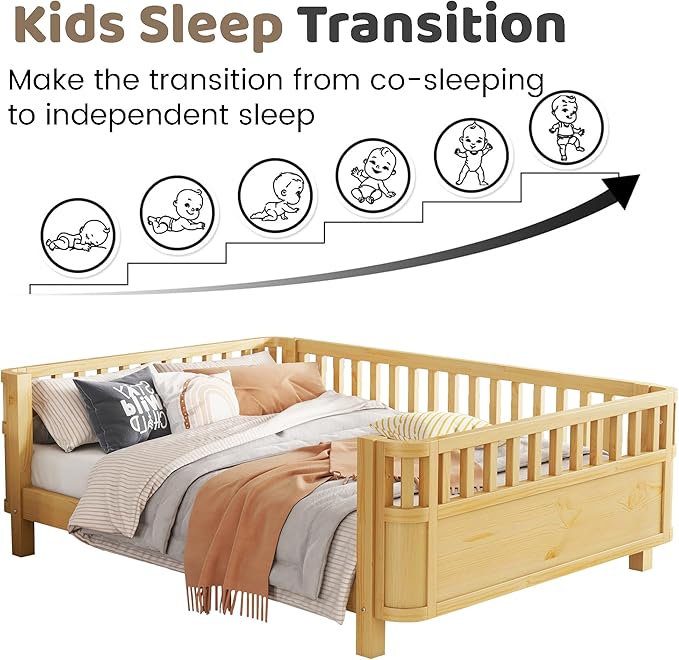 Full Size Bed Frame Kids with Rails, Wood Montessori Bed Full with Slats Support, Modern Daybed Low to Ground with Removable Bed Rails for Girls Boys Bedroom Living Room, Natural