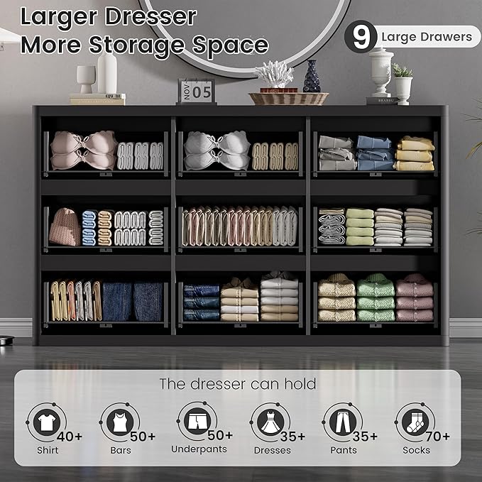 Black 9 Drawers Dresser, 57" Wide Fluted Dresser for Bedroom, Modern Chest of Drawers with Curved Profile, Handleless, Wooden TV Stand with Organizer Storage for Living Room, Entryway