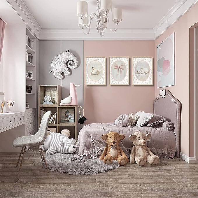 3Pcs Pink Vintage Nursery Wall Art Cute Animal Rabbit Swan Bow Flower Canvas Posters Prints Baby Girl Room Picture Wall Decor for Girls Room Bedroom Decorations Unframed
