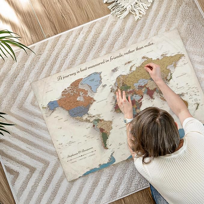 ElephantStock - Personalized Journey V Push Pin World Map Wall Art - Horizontal Canvas Wall Art - Living Room Wall Decor - Digital Art Map Canvas Art - Beige And Orange Decor - 39" x 26"
