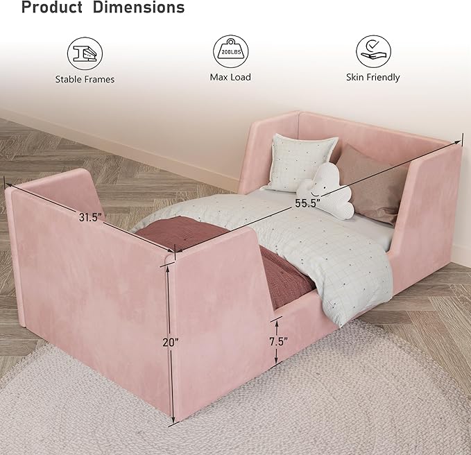 Toddler Bed, Toddler Floor Bed Frame with Guard Rails, Kids Bed for Ages 2-6 Years, Certified Fabric
