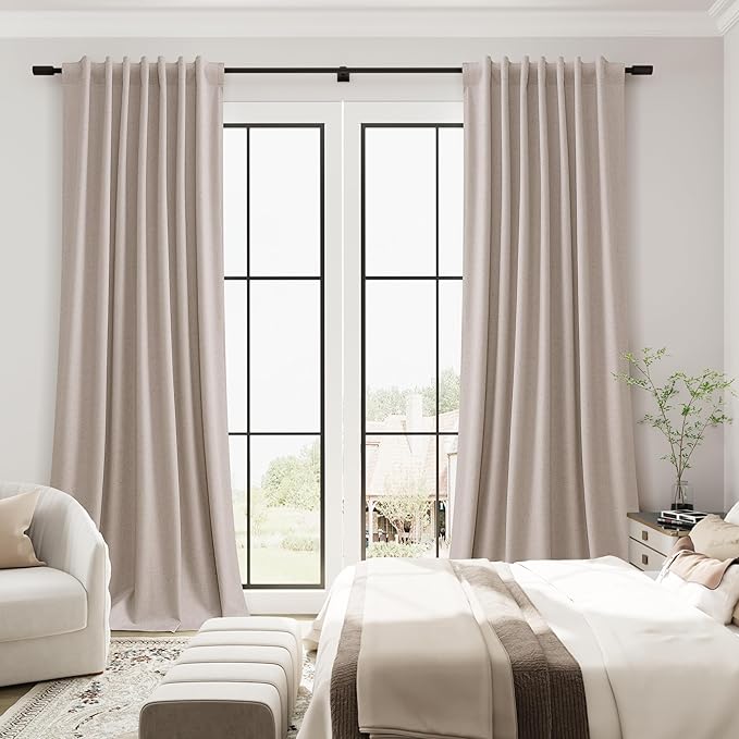 Guken Champagne Linen 100% Blackout Curtains for Living Room 120 Inches Long 2 Panels Set Textured Hook Belt Back Tab Light Blocking Thermal Insulated Soundproof Dining Room Patio Door 52x120 10Ft