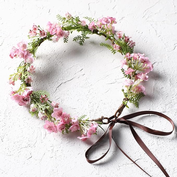 Pink Bohemian Flower Crown - Pink Babys Breath Flower Headband with Green Leaf Bohemian Floral Headpiece Hair Wreath for Women Wedding Halloween Christmas