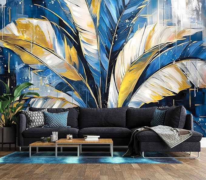 XMPMBM-Gold Abstraction Art Banana Leaf backsplash Large Decorative Wallpaper Graffiti Leaf Bedroom Bathroom Wall Mural- W 132" X H 92"（93 Square Foot）