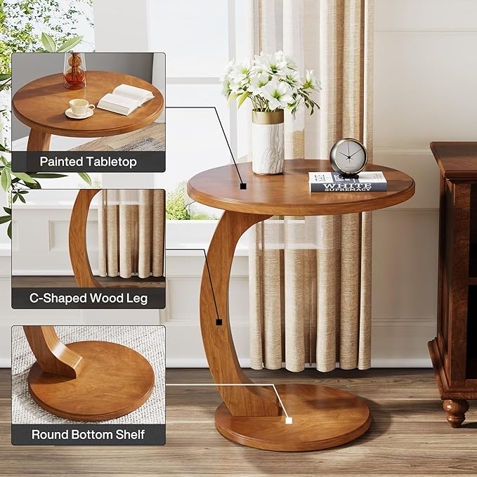 Tribesigns Small Round End Table for Living Room, C-Shaped Sofa Side Table for Couch, Retro Boho Bedside Nightstand, Brown