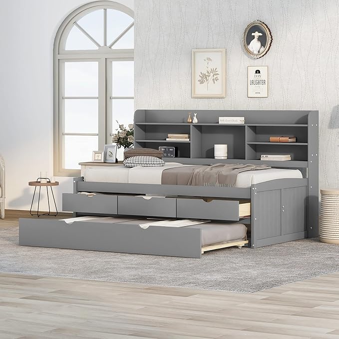 Harper & Bright Designs Twin Size Captain Bed with Built-in Bookshelves/3 Storage Drawers/Trundle, Wooden Twin Daybed Bed Frame for Kids Teens Dorm Bedroom Multipurpose Guest Room, Light Grey