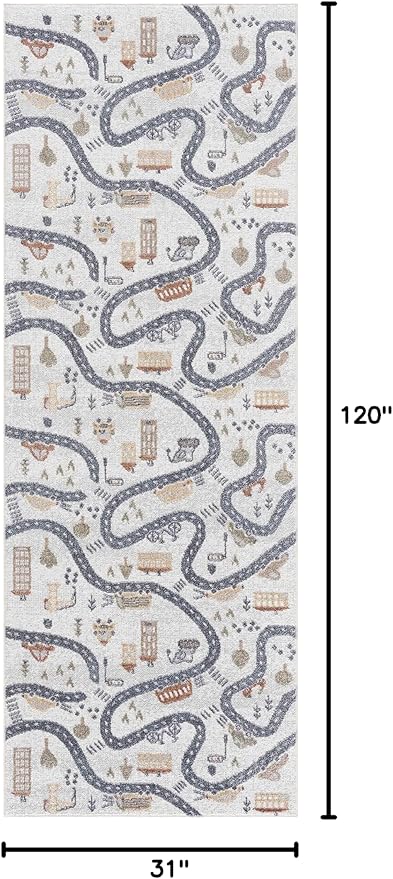 Hauteloom Road Mave Runner Rug for Kids, Toddler Room, Nursery, Playroom, Classroom - Machine Washable - Cream, Red, Blue, Gray - 2'7" x 10' Runner