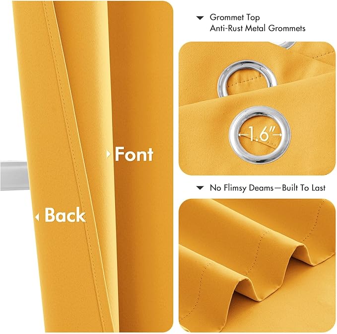 MIULEE Yellow Blackout Curtains for Bedroom Living Room 63 Inches Long 2 Panels, Thermal Insulated Room Darkening Drapes Solid Grommet Noise Reduction Light Blocking Window Treatments 40x63 Inch