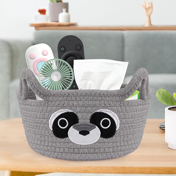 Small Storage Basket for Nursery, Raccoon Storage Basket, Round Woven Rope Cotton Storage, Baby Blanket 0rganizer with Ears Handles, Animal Blanket Towel Decor Storage Bins, 8.2"D x 4.7"H IN