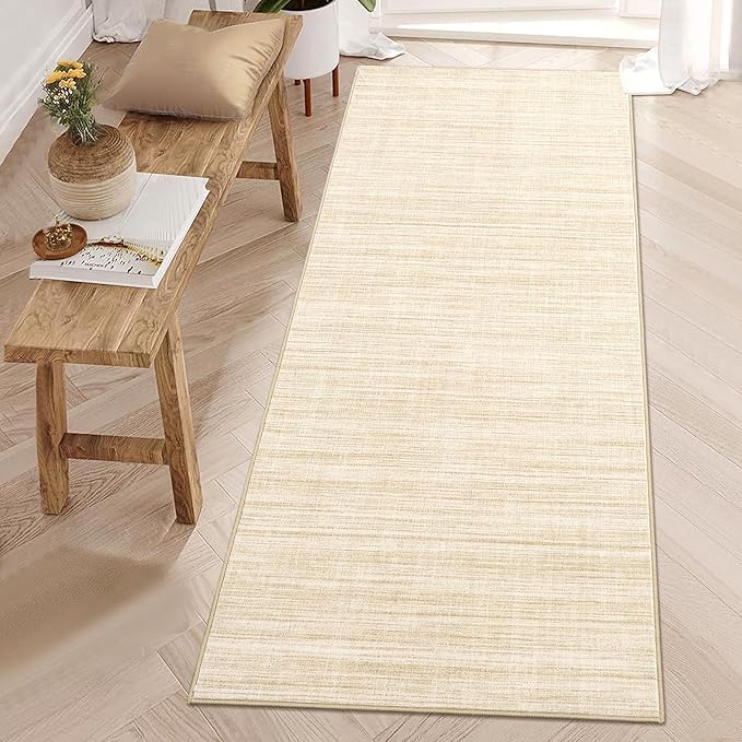 Hallway Runner Rug 2.5x8 Washable Non Slip Kitchen Runner Rugs Low Pile Modern Solid Color Living Room Rugs Minimalist Plain Entry Long Runners Boho Accent Solid Runner Rugs for Bedroom Nursery, Beige