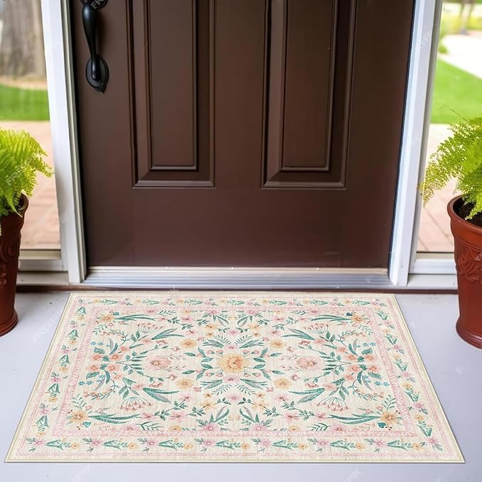 Pink Entryway Rug 2x3, Soft Floral Print Carpet, Low Piles Indoor Rugs, Washable Door Mat