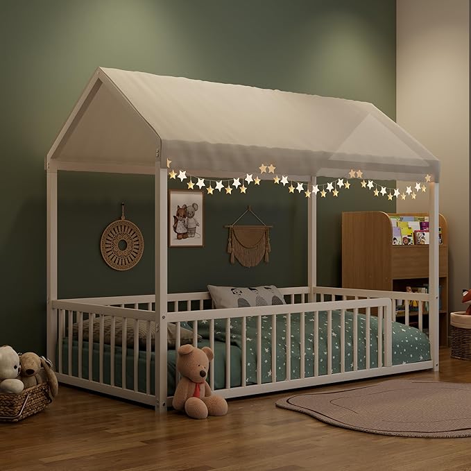 Twin Size Metal Floor Bed Frame,House Shaped Bed with Fence for Kids and Toddlers,Easy Assemble, No Slats,White