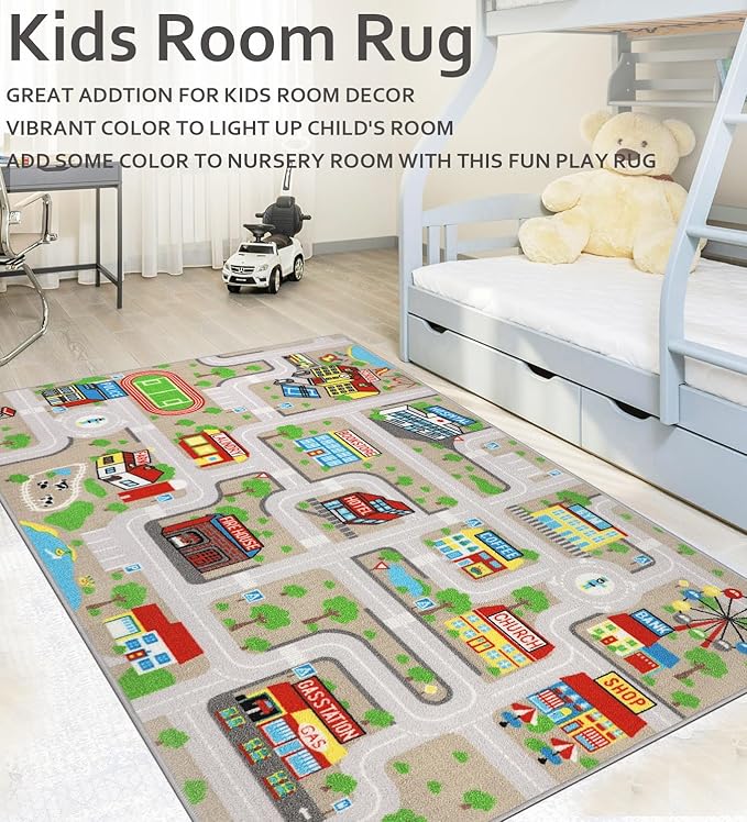 Kids Carpet Playmat Rug 5'2''x3'3'', Kids Rugs for Bedroom, Non-Slip Town City Road Map Car Rugs for Kids Toy Cars, Track Carpet Play Rug for Playroom Classroom Decor (Tan)