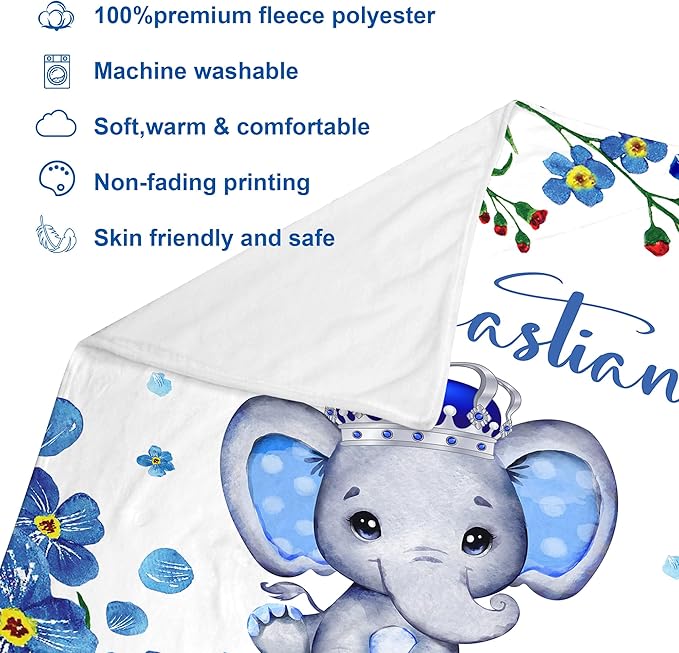 J&SBGFT Personalized Baby Blanket for Boys,Custom with Name, Customized Name Receiving Blankets Toddlers Kids Nursery Stroller Crib Decor Throw 30/''x40/'',Color12, 12-blue Floral Elephant