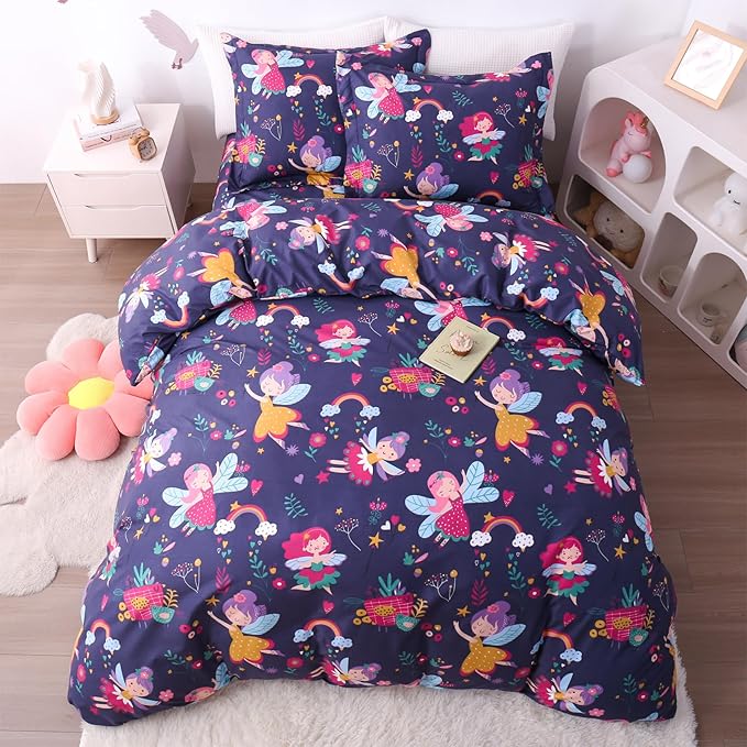 JSD Fairy Floral Kids Duvet Cover Set Full Size, 3 Piece Girls Printed Microfiber Comforter Cover with Pillow Shams Zipper Closure, Comforter Not Included