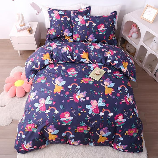 JSD Fairy Floral Kids Duvet Cover Set Twin Size, 2 Piece Girls Printed Microfiber Comforter Cover with Pillow Sham Zipper Closure, Comforter Not Included