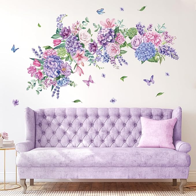 Flowers Bouquet Wall Decals Pink and Purple Floral Butterflies Wall Stickers, Bedroom Living Room Dining Room Sofa Background Peel and Stick Wall Decor