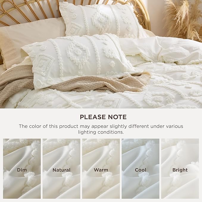 Bedsure Boho Duvet Cover King - White Tufted Boho Bedding, Farmhouse Shabby Chic Embroidery Bedding for All Seasons, 3 Pieces, 1 Soft Jacquard King Comforter Cover and 2 Pillow Shams