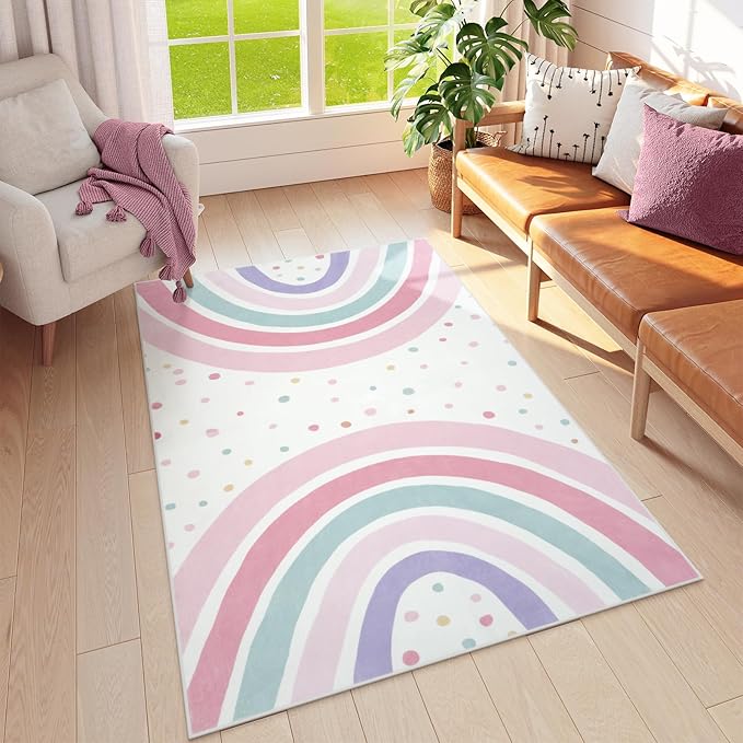 STARUIA 4x6 Washable Rainbow Rug for Nursery Kids Room, Soft Polka Dot Pink Area Rugs for Girls Bedroom, Non-Slip Carpet Kids Rug for Playroom Princess Castle