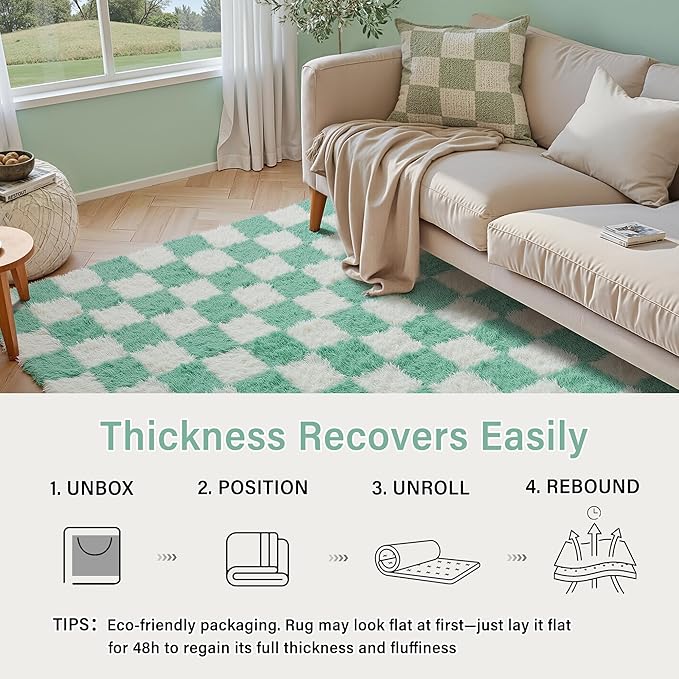 Checkered Rug 6x9 for Living Room, Green and White Modern Shag Rug Washable Non-Slip Large Area Rug Super Soft Indoor Fuzzy Carpet Fluffy Rugs for Bedroom Home Aesthetic Decor