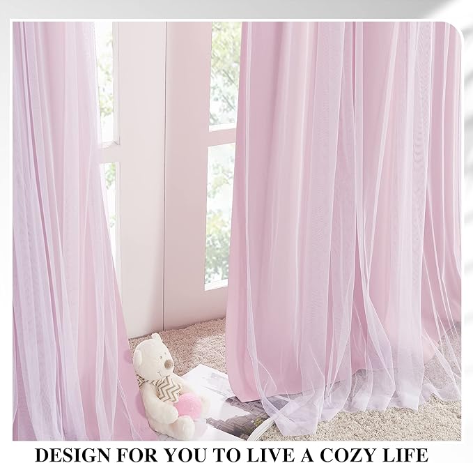 PONY DANCE Girls Blackout Curtains with Sheer Overlay Pink Double Layer Grommet Drapes Mix and Match with White Sheer Room Darkening Curtains for Nursery/Bedroom with Tiebacks (52x95, Set of 2 Panels)